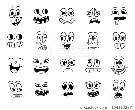 Collection of old retro traditional cartoon animation. Vintage faces of people with different emotions of the 20s 30s. Emoji character expressions 50s 60s. Head faces design elements in comic style Collection of old retro traditional cartoon animation. Vintage faces of people with different emotions of the 20s 30s. Emoji character expressions 50s 60s. Head faces design elements in comic style 104113287