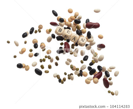 Alphabet letter wording "Bean" bead toy flying over explosion flying in air. Bean word alphabet letter show multi grain color difference of beans. White background isolated. Alphabet letter wording "Bean" bead toy flying over explosion flying in air. Bean word alphabet letter show multi grain color difference of beans. White background isolated. 104114283