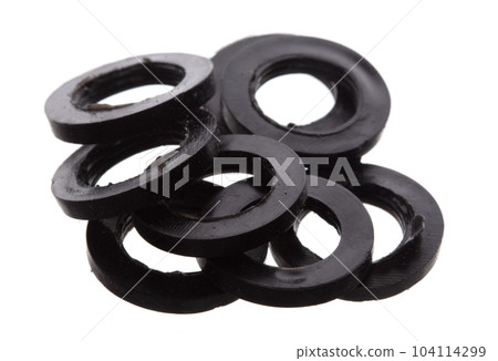 Rubber O-Ring for industry and Repair, o ring seal gaskets to joint pressure and prevent leak from machine component. Black rubber o rings use in product plumbing water oil. White background isolated Rubber O-Ring for industry and Repair, o ring seal gaskets to joint pressure and prevent leak from machine component. Black rubber o rings use in product plumbing water oil. White background isolated 104114299