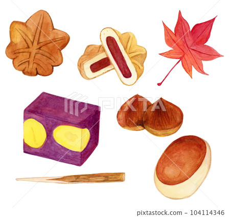 Hand-drawn watercolor autumn Japanese sweets set illustration (momiji manju, chestnut manju, chestnut yokan, autumn leaves and chestnuts) Hand-drawn watercolor autumn Japanese sweets set illustration (momiji manju, chestnut manju, chestnut yokan, autumn leaves and chestnuts) 104114346