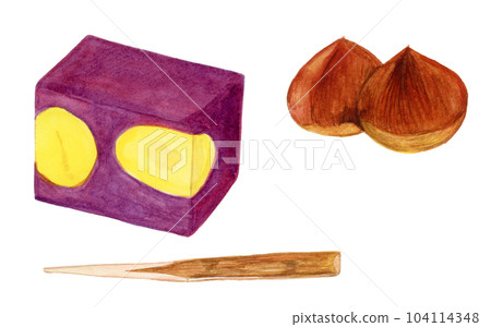 手繪水彩栗子蒸羊羹和栗子套裝插畫 104114348