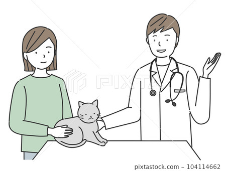 Veterinarian and owner examining a cat Veterinarian and owner examining a cat 104114662