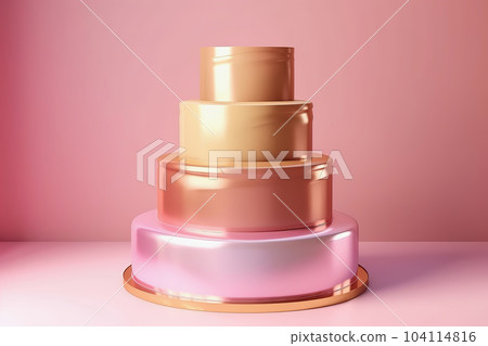 Festive wedding cake on table. Pink and gold frosting, copy space Festive wedding cake on table. Pink and gold frosting, copy space 104114816