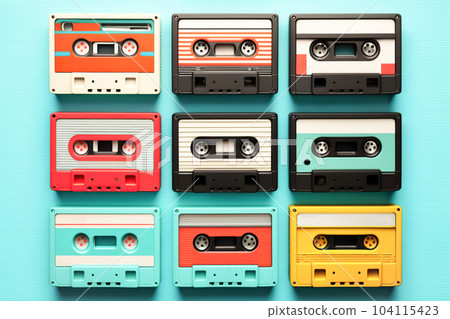 Old vintage cassette tapes lined up in row on a blue background, copy space. Grunge, nostalgia music culture 70-80s Old vintage cassette tapes lined up in row on a blue background, copy space. Grunge, nostalgia music culture 70-80s 104115423