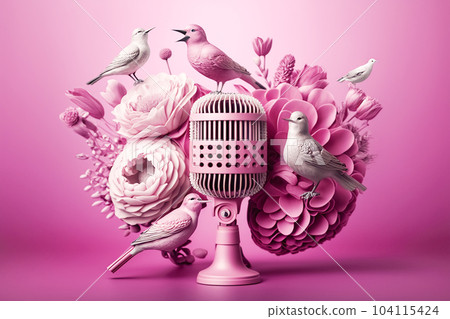 Golden metal microphone decorated with pink flowers and small birds of paradise, pink pastel background, copy space Golden metal microphone decorated with pink flowers and small birds of paradise, pink pastel background, copy space 104115424