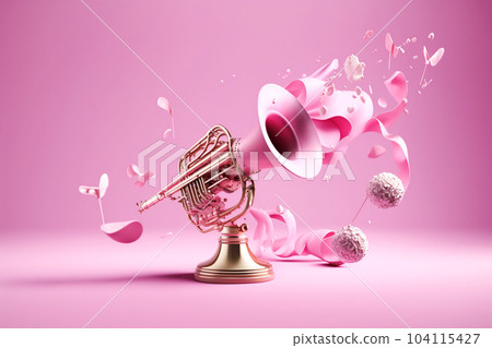 Copper wind pipe, a musical instrument from which melody notes fly, copy space on a pink background 104115427