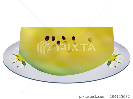 "Cut yellow small ball watermelon" served on a plate White plate Floral pattern "Cut yellow small ball watermelon" served on a plate White plate Floral pattern 104115682