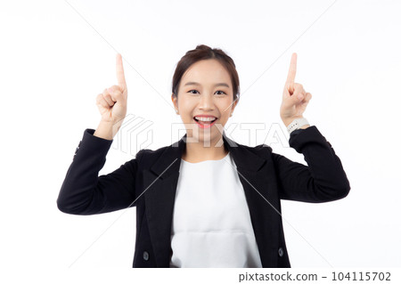 portrait young asian business woman pointing and presenting isolated on white background. 104115702