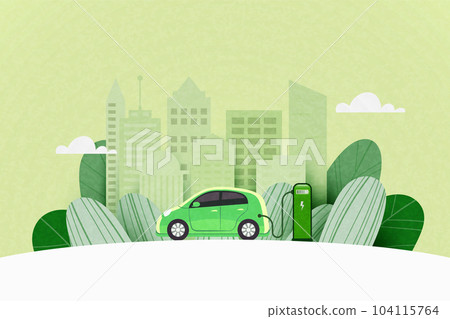 Green electric car charging at the charger station on the street with green city skyline in the background. Sustainable energy and Alternative Energy concept, Vector illustration. 104115764
