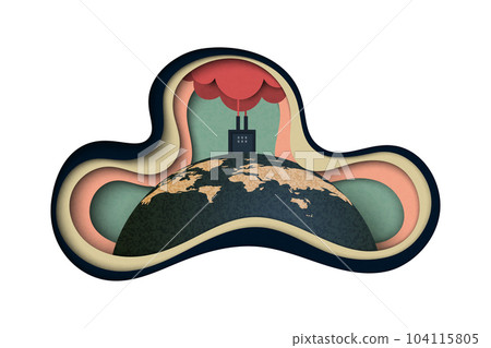 Industry chimney pollution with smoke in environment.Global warming and climate change concept.Environment landing page website template background.Paper art vector illustration. 104115805