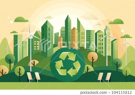 Recycle concept with green eco city background. Ecology and Environment conservation resource sustainable.Vector illustration. 104115812