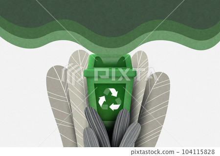 Recycling bin and green leaves background. Recycle concept. Ecology and Environment conservation resource Sustainable development. Vector illustration. 104115828