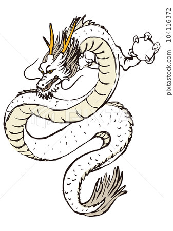 手描きドラゴンアート B4サイズ Hand-drawn illustration of a dragon dragon - Stock Illustration