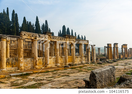Ruins of central street of ancient city of Hierapolis in Turkey 104116575