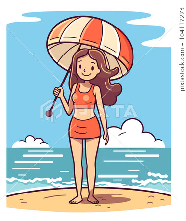 Vector Illustration, Cartoon Girl Character Playing on the Beach, Full Body Vector Illustration, Cartoon Girl Character Playing on the Beach, Full Body 104117273