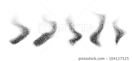 Textured wavy forms set. Black stipple grain smoke or steam pack. Dotted sand noise fog collection. Smooth gritty gradient waves bundle. Grunge design elements. Vector illustration.  104117525