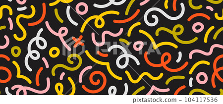 Colorful doodle seamless pattern. Abstract squiggle line repeating background. Simple scribbles, spirals and shapes wallpaper. Textile or fabric print design swatch. Vector backdrop. Colorful doodle seamless pattern. Abstract squiggle line repeating background. Simple scribbles, spirals and shapes wallpaper. Textile or fabric print design swatch. Vector backdrop. 104117536