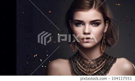 Caucasian model woman wearing gorgeous jewelry, jewelry, and accessories (black, Generative AI) 104117551