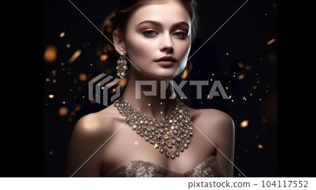 佩戴華麗珠寶、珠寶和配飾的白人模特女性（黑色，生成式 AI） 104117552