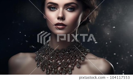 佩戴華麗珠寶、珠寶和配飾的白人模特女性（黑色，生成式 AI） 104117553