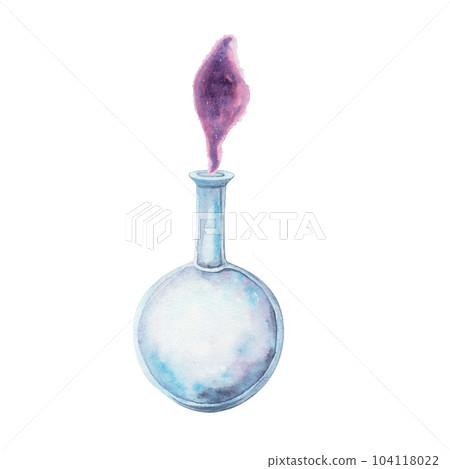 Set glass flask potion isolated on white background. Watercolor hand drawn magic chemical illustration. Art for design 104118022