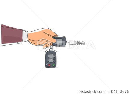 Single one line drawing hand holding car key and alarm system. Male hand holding car key with alarm keychain. Hand of car salesman manager holding key. Continuous line draw design graphic vector Single one line drawing hand holding car key and alarm system. Male hand holding car key with alarm keychain. Hand of car salesman manager holding key. Continuous line draw design graphic vector 104118676