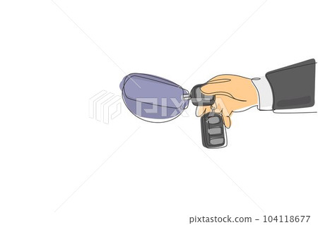 Single continuous line drawing woman with car key. Hand holding car key and alarm system. Female hand holding car key with alarm keychain. Dynamic one line draw graphic design vector illustration Single continuous line drawing woman with car key. Hand holding car key and alarm system. Female hand holding car key with alarm keychain. Dynamic one line draw graphic design vector illustration 104118677