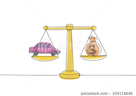 Continuous one line drawing money sack scales concept with a car on one side and sack of money on the other. Sale and purchase new car concept. Single line draw design vector graphic illustration Continuous one line drawing money sack scales concept with a car on one side and sack of money on the other. Sale and purchase new car concept. Single line draw design vector graphic illustration 104118686