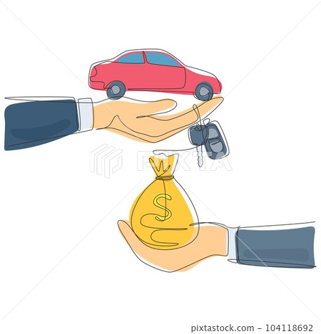 Single continuous line drawing car rental or sale concept. Hand of agent hold car key, hand of buyer hold gold money bag. Buying or rental car. Dynamic one line draw graphic design vector illustration 104118692