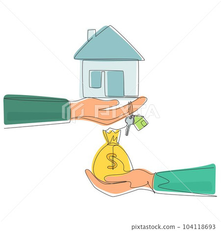 Single continuous line drawing buying-selling houses, refinance your houses, change assets capitalization. Buying a house. Sale and purchase concept. One line draw graphic design vector illustration Single continuous line drawing buying-selling houses, refinance your houses, change assets capitalization. Buying a house. Sale and purchase concept. One line draw graphic design vector illustration 104118693