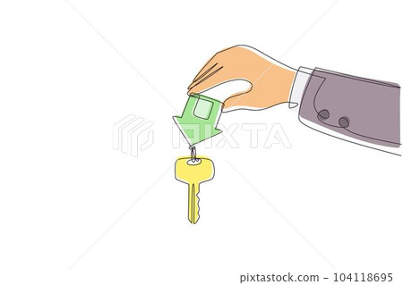 Single continuous line drawing for rent house, concept. Real estate agent holds the key from the home. Template for sale, rent home, mortgage. Dynamic one line draw graphic design vector illustration 104118695