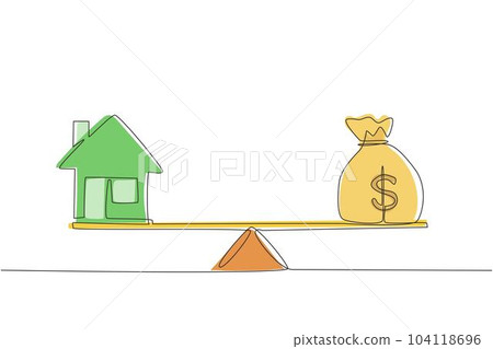 Single continuous line drawing money and home, loan, mortgage. Change home into cash concept. US Dollar in sack bag. Balance home and debt on scales. One line draw graphic design vector illustration Single continuous line drawing money and home, loan, mortgage. Change home into cash concept. US Dollar in sack bag. Balance home and debt on scales. One line draw graphic design vector illustration 104118696