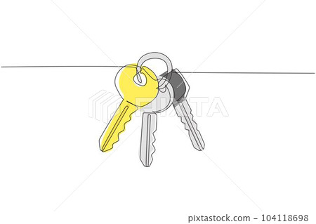 Single continuous line drawing three keys from apartment. House apartment rental for sale. The concept of privacy, security and protection. Dynamic one line draw graphic design vector illustration Single continuous line drawing three keys from apartment. House apartment rental for sale. The concept of privacy, security and protection. Dynamic one line draw graphic design vector illustration 104118698