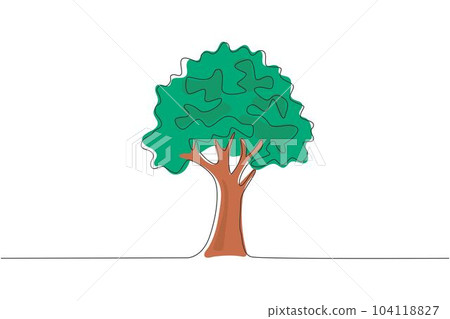Continuous one line drawing green tree fertile on white background, trees for beautiful gardens forest. Ecology sapling tree growing up and planting on land. Single line draw design vector graphic 104118827