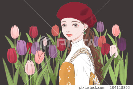 A woman in a beret in a garden of blooming tulips 104118893