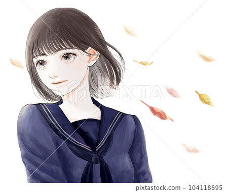 A girl in a sailor suit receiving the autumn wind 104118895