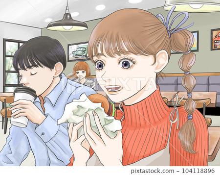 Woman eating a hamburger in a cafe 104118896