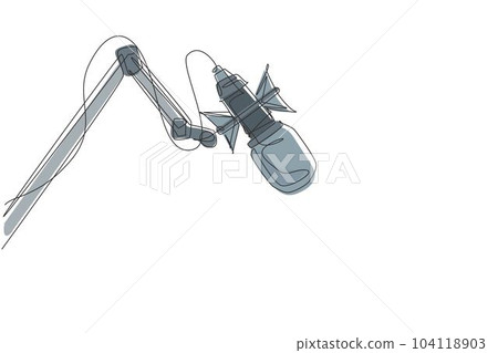 Single continuous line drawing studio microphone. Condenser mic for studio recording voice. Sound recording equipment. Technology object. Dynamic one line draw graphic design vector illustration Single continuous line drawing studio microphone. Condenser mic for studio recording voice. Sound recording equipment. Technology object. Dynamic one line draw graphic design vector illustration 104118903