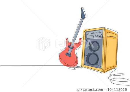 Single continuous line drawing electric guitar with amplifier. Rock music illuminated stage background with microphone electric guitar and speakers. One line draw graphic design vector illustration Single continuous line drawing electric guitar with amplifier. Rock music illuminated stage background with microphone electric guitar and speakers. One line draw graphic design vector illustration 104118926