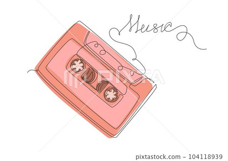 Continuous one line drawing music slogan with cassette tape illustration. Retro compact tape cassette. Vintage red audio cassette tape in doodle style isolated on white. Single line draw design vector Continuous one line drawing music slogan with cassette tape illustration. Retro compact tape cassette. Vintage red audio cassette tape in doodle style isolated on white. Single line draw design vector 104118939