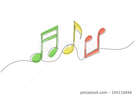 Single one line drawing sheet music icon in trendy flat style isolated on background. Musical symbol in one linear minimalist style. Trendy abstract wave melody. Continuous line draw design graphic 104118946