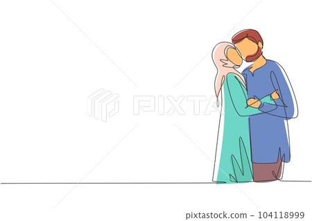 Continuous one line drawing Arab boy and girl in love and kissing. Young couple lovers kissing. Happy man and woman celebrating wedding anniversary. Single line draw design vector graphic illustration Continuous one line drawing Arab boy and girl in love and kissing. Young couple lovers kissing. Happy man and woman celebrating wedding anniversary. Single line draw design vector graphic illustration 104118999