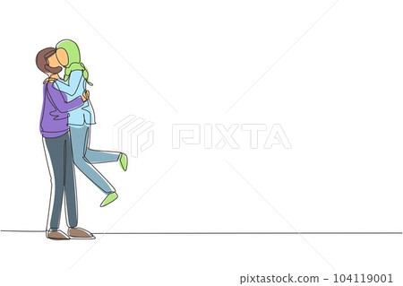Continuous one line drawing romantic Arabian couple in love kissing and hugging. Happy man carrying a pretty woman celebrating wedding anniversary. Single line draw design vector graphic illustration Continuous one line drawing romantic Arabian couple in love kissing and hugging. Happy man carrying a pretty woman celebrating wedding anniversary. Single line draw design vector graphic illustration 104119001
