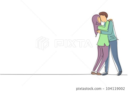 Single one line drawing dominant relationship. Romantic Arab couple in love kissing and hugging. Happy man and woman celebrating wedding anniversary. Modern continuous line draw design graphic vector 104119002