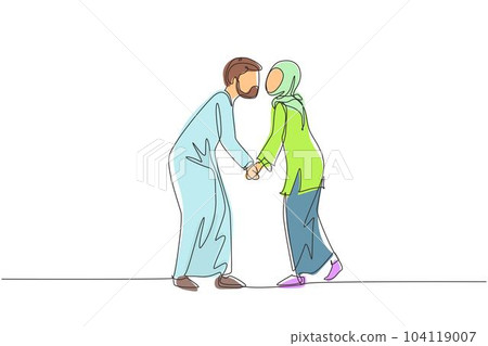 Single continuous line drawing romantic of Arabian male and female couple with lips locked in kiss. Happy cute couple lovers kissing and holding hands. One line draw graphic design vector illustration Single continuous line drawing romantic of Arabian male and female couple with lips locked in kiss. Happy cute couple lovers kissing and holding hands. One line draw graphic design vector illustration 104119007