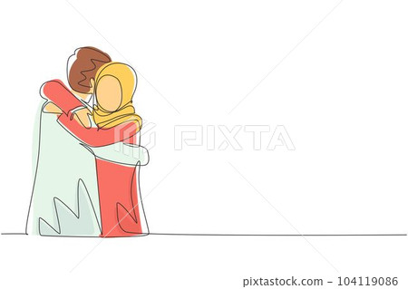 Single one line drawing Arabian man carrying and embracing woman