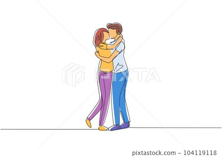 Single one line drawing loving couple kissing and hugging. Couple lovers kissing and holding hands. Happy man and woman celebrating wedding anniversary. Continuous line draw design graphic vector Single one line drawing loving couple kissing and hugging. Couple lovers kissing and holding hands. Happy man and woman celebrating wedding anniversary. Continuous line draw design graphic vector 104119118