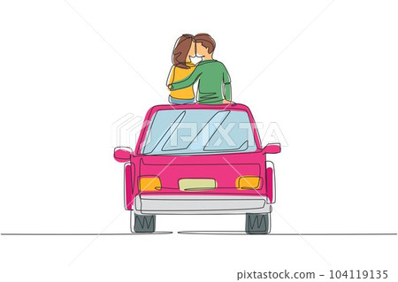 Single continuous line drawing two happy lovers sitting on roof of car and look at romantic scenery. Happy man and woman celebrating wedding anniversary. Dynamic one line draw graphic design vector 104119135