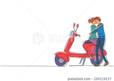Single continuous line drawing scooter, travel, couple, adventure, ride concept. Family couple travel by scooter. Happy man and woman ride motorcycle. One line draw graphic design vector illustration 104119137