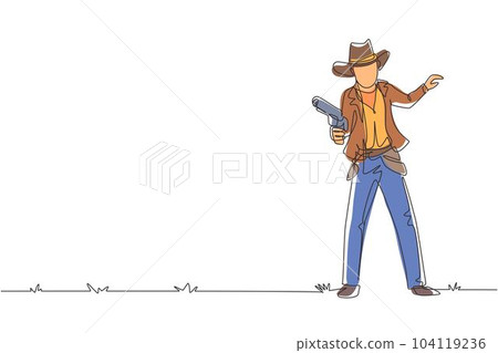 Single one line drawing smart cowboy holding his gun and aiming the guns. Wild west gunslinger style holding gun. Weapons for self-defense. Continuous line draw design graphic vector illustration 104119236